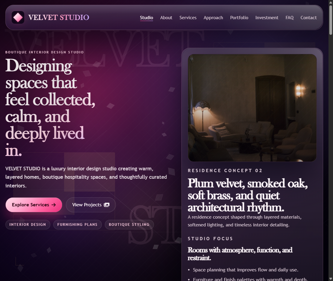 Velvet UI Lite Interior Design Website Template preview